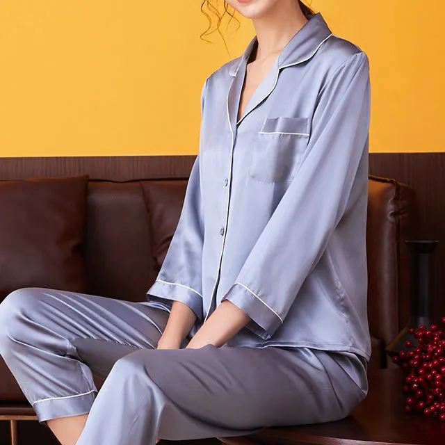 100% Mulberry Silk Pajamas Long-Sleeved Trousers Two-Piece Suit Loungewear [SLP0010]