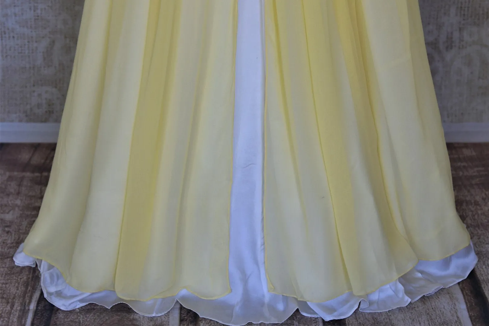 502358 Yellow Embroidered Georgette Top with White Silk Skirt