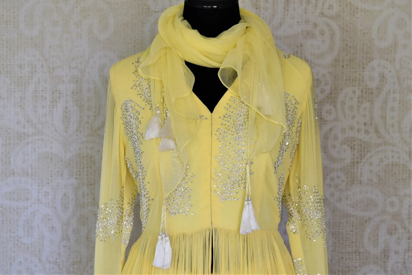 502358 Yellow Embroidered Georgette Top with White Silk Skirt