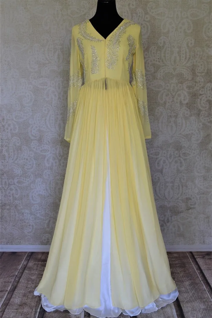 502358 Yellow Embroidered Georgette Top with White Silk Skirt
