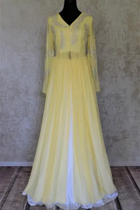 502358 Yellow Embroidered Georgette Top with White Silk Skirt