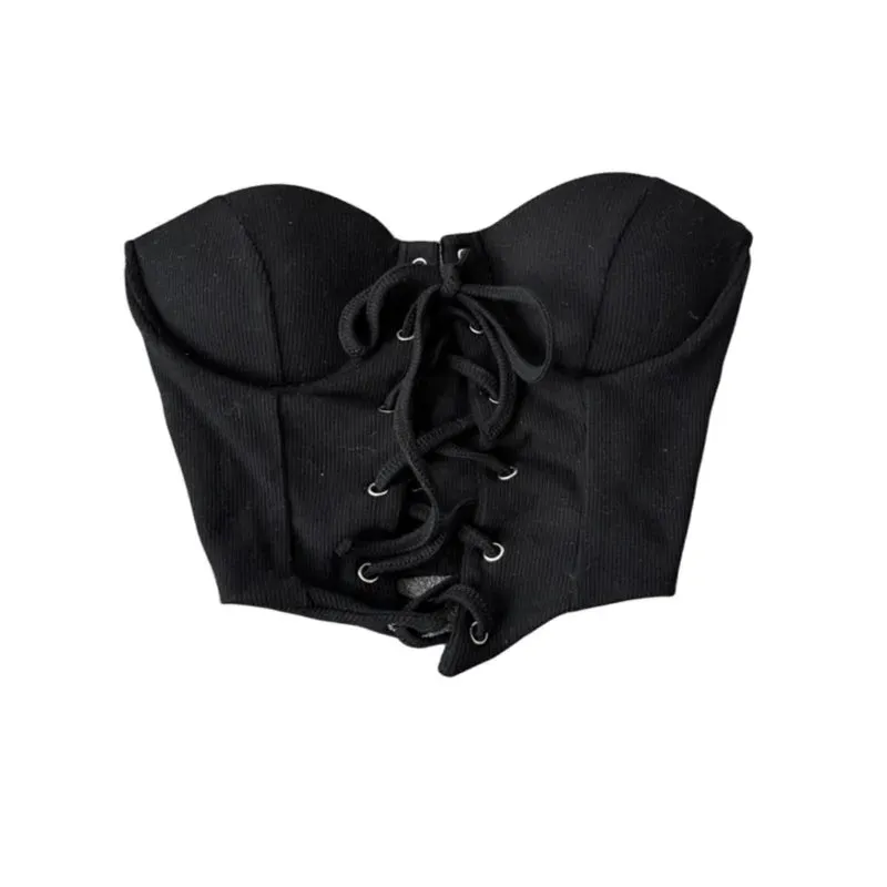 Backless Women's Tank Top - Slash Neck, Built-In Bra, Lace-Up, Bare Midriff Skinny Camisole, Vintage Summer Style