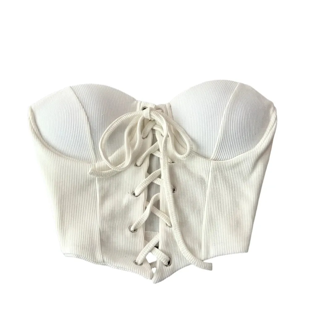 Backless Women's Tank Top - Slash Neck, Built-In Bra, Lace-Up, Bare Midriff Skinny Camisole, Vintage Summer Style