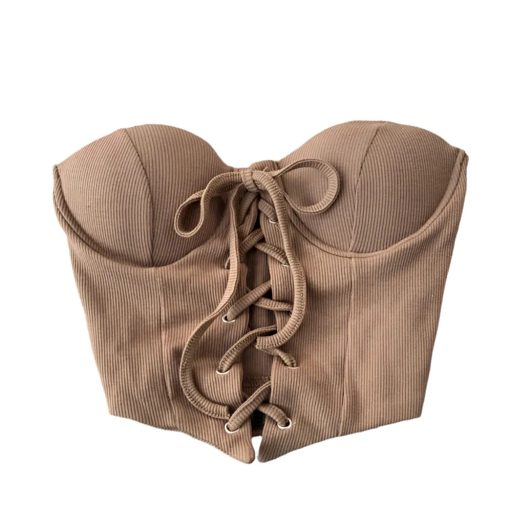 Backless Women's Tank Top - Slash Neck, Built-In Bra, Lace-Up, Bare Midriff Skinny Camisole, Vintage Summer Style