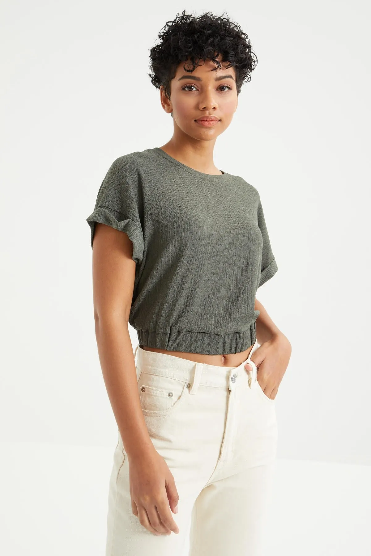 basic o yaka beli lastikli bürümcük kumaş kadin crop top t-shirt - 97227