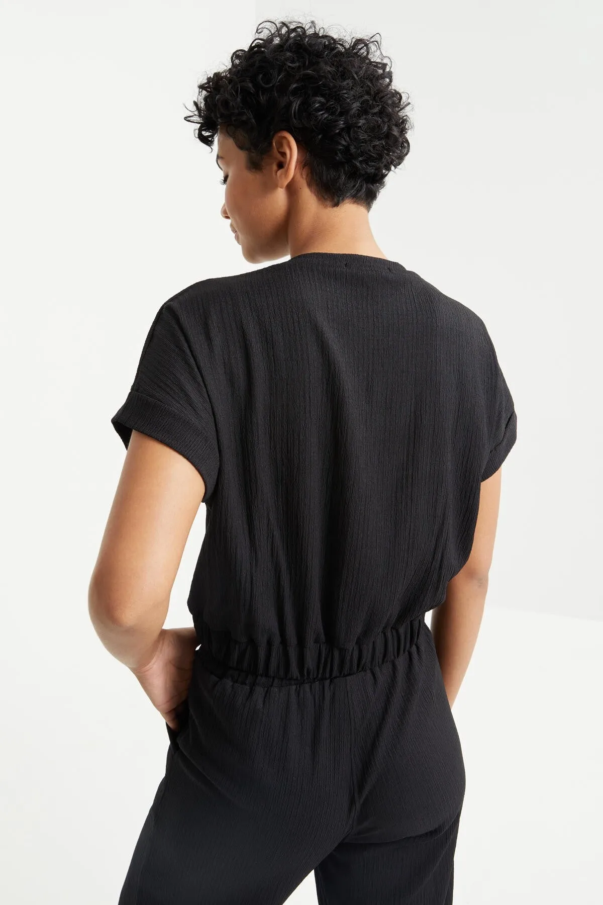 basic o yaka beli lastikli bürümcük kumaş kadin crop top t-shirt - 97227