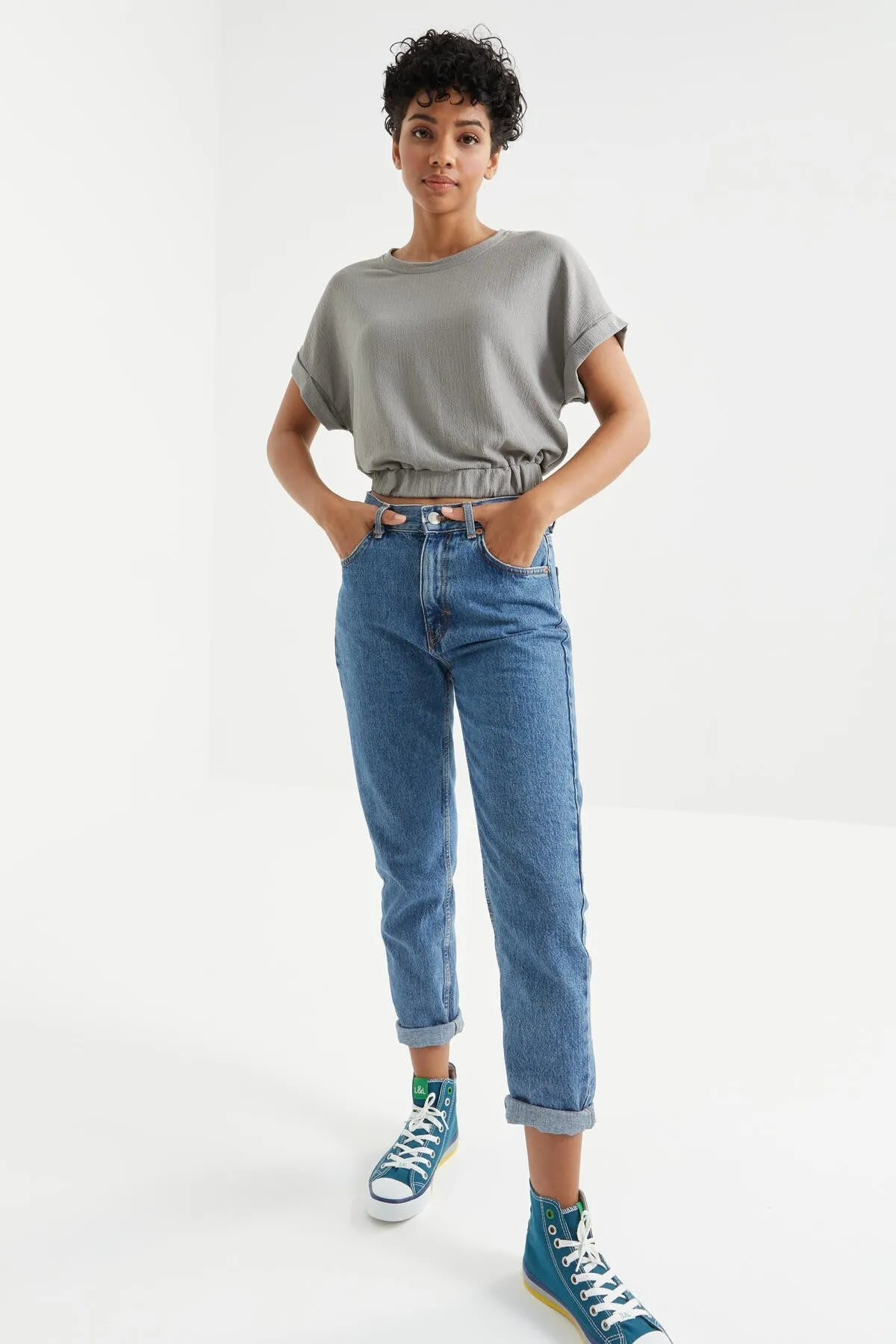 basic o yaka beli lastikli bürümcük kumaş kadin crop top t-shirt - 97227