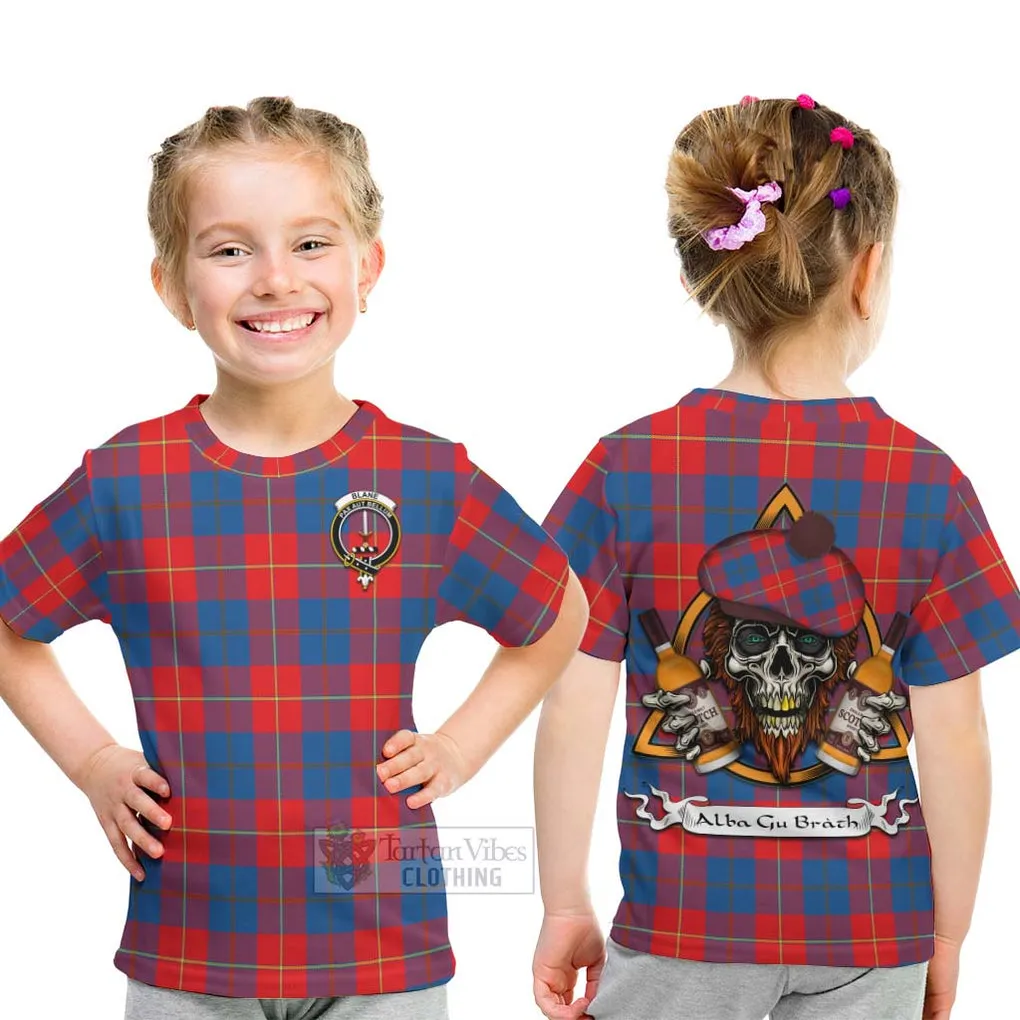 Blane Tartan Kid T-Shirt with Family Crest and Bearded Skull Holding Bottles of Whiskey