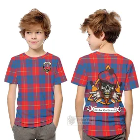 Blane Tartan Kid T-Shirt with Family Crest and Bearded Skull Holding Bottles of Whiskey