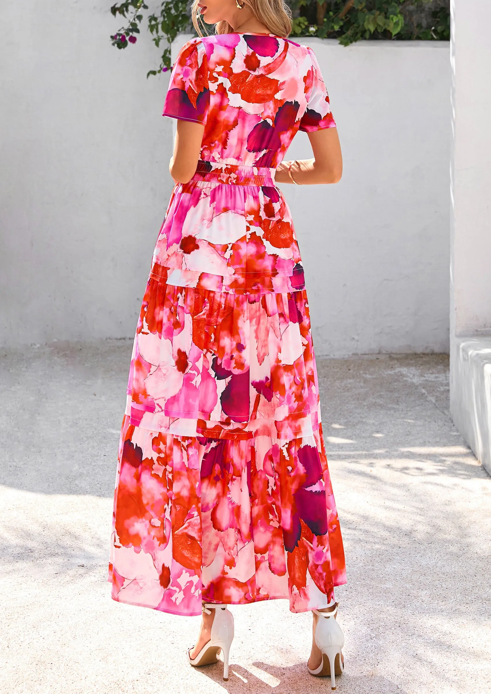 Boho Floral Short Sleeve V Neck A Line Tiered Ruffle Flowy Long Beach Vacation Maxi Dresses