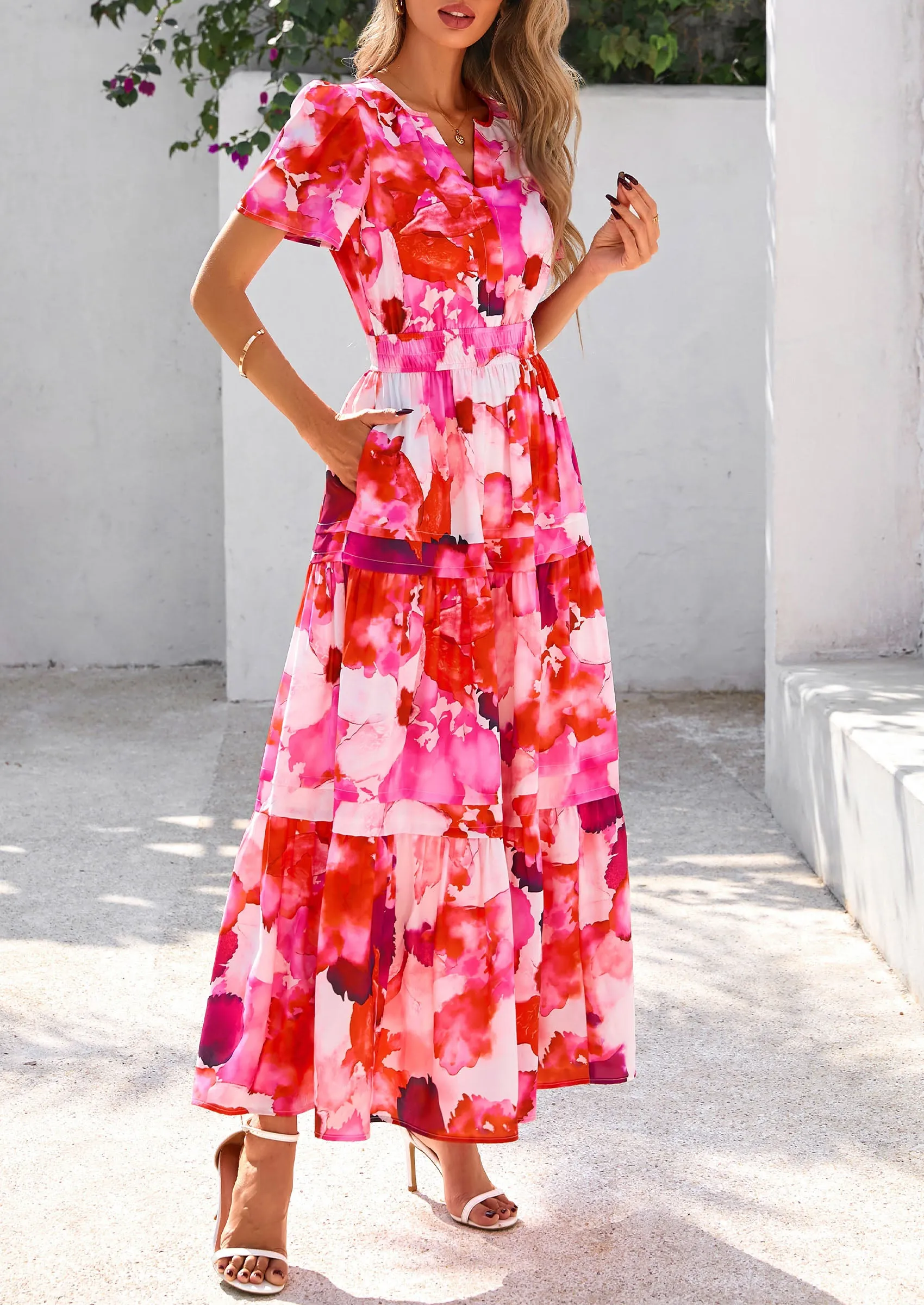 Boho Floral Short Sleeve V Neck A Line Tiered Ruffle Flowy Long Beach Vacation Maxi Dresses