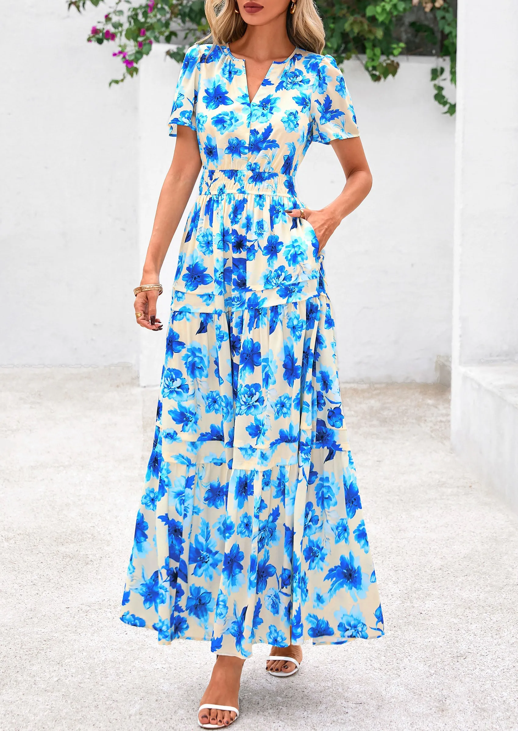 Boho Floral Short Sleeve V Neck A Line Tiered Ruffle Flowy Long Beach Vacation Maxi Dresses