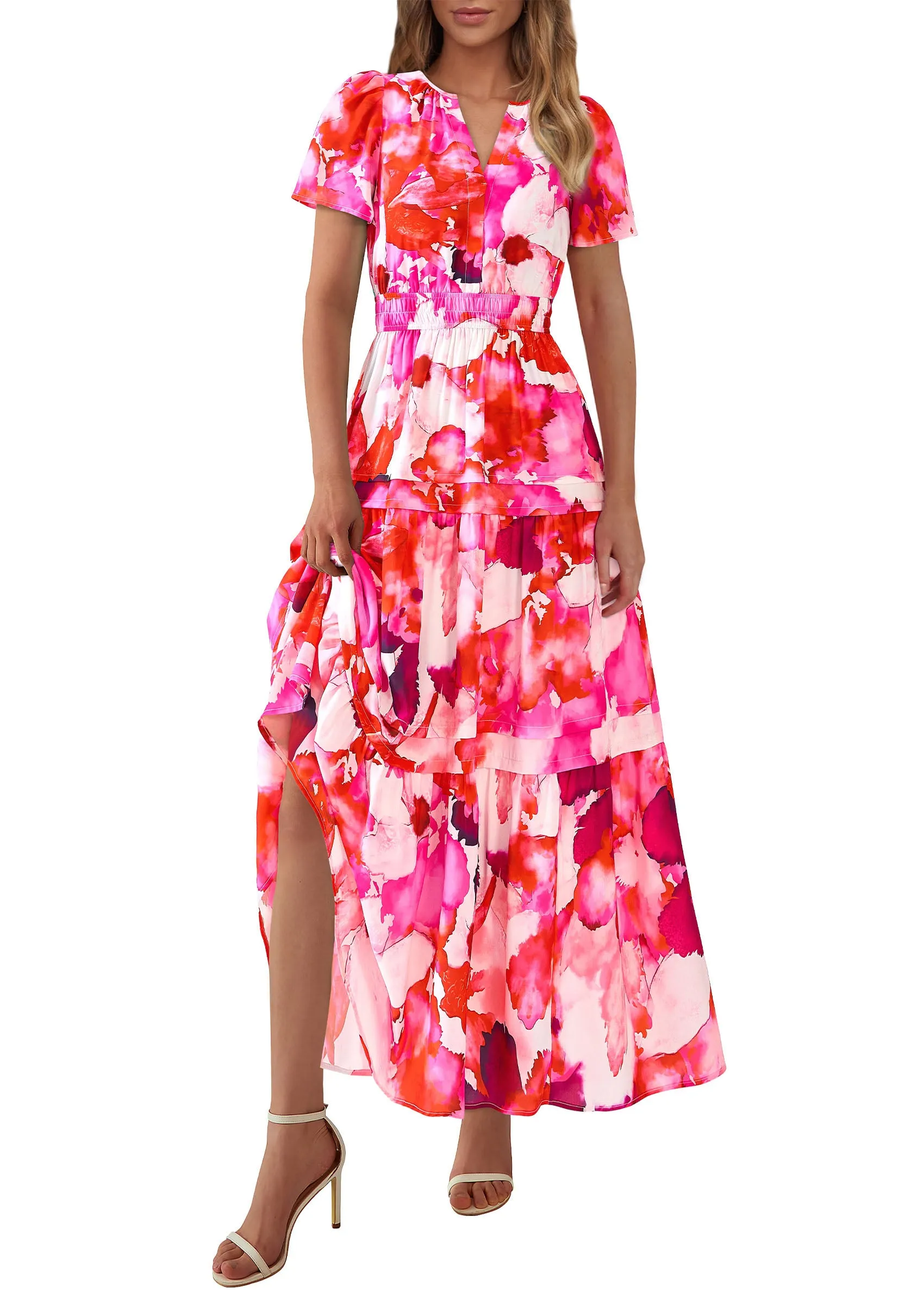 Boho Floral Short Sleeve V Neck A Line Tiered Ruffle Flowy Long Beach Vacation Maxi Dresses
