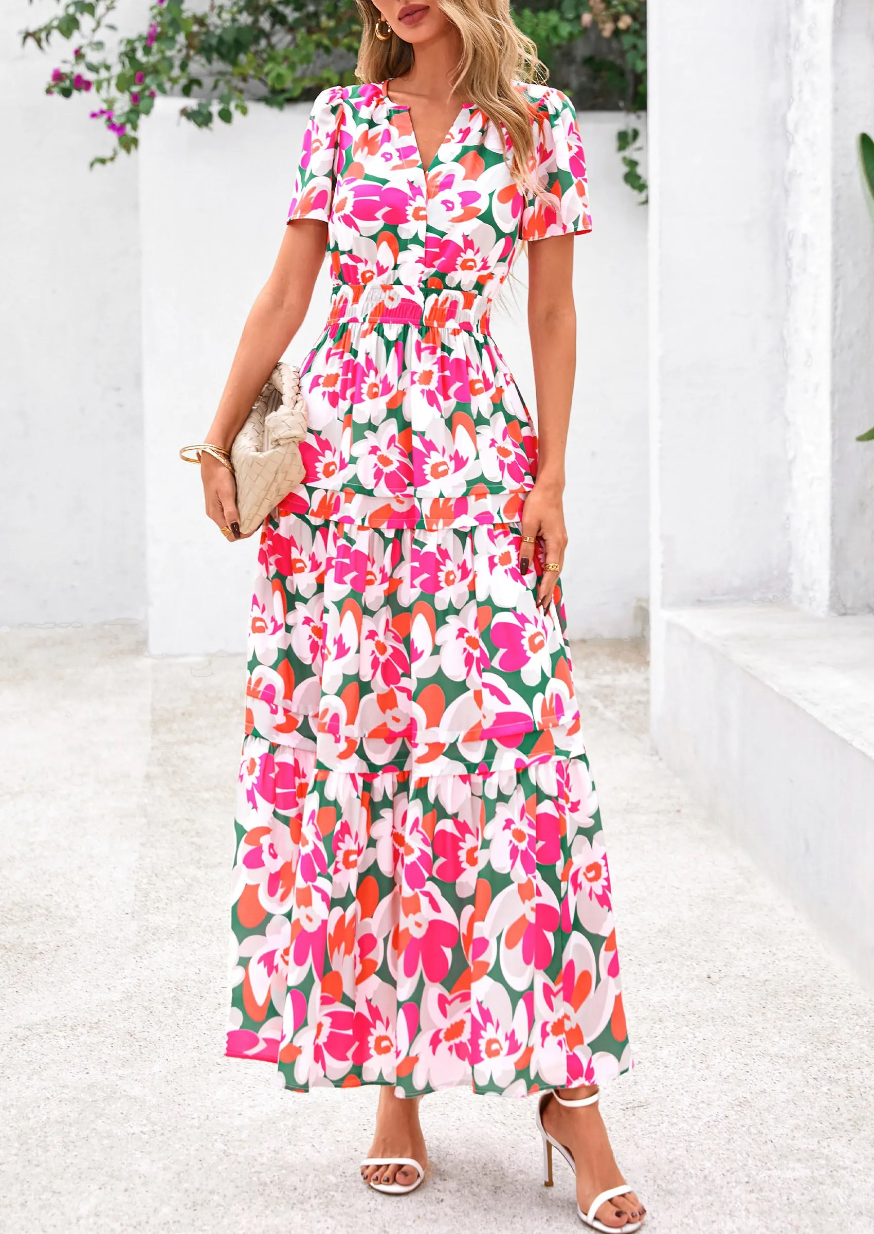 Boho Floral Short Sleeve V Neck A Line Tiered Ruffle Flowy Long Beach Vacation Maxi Dresses