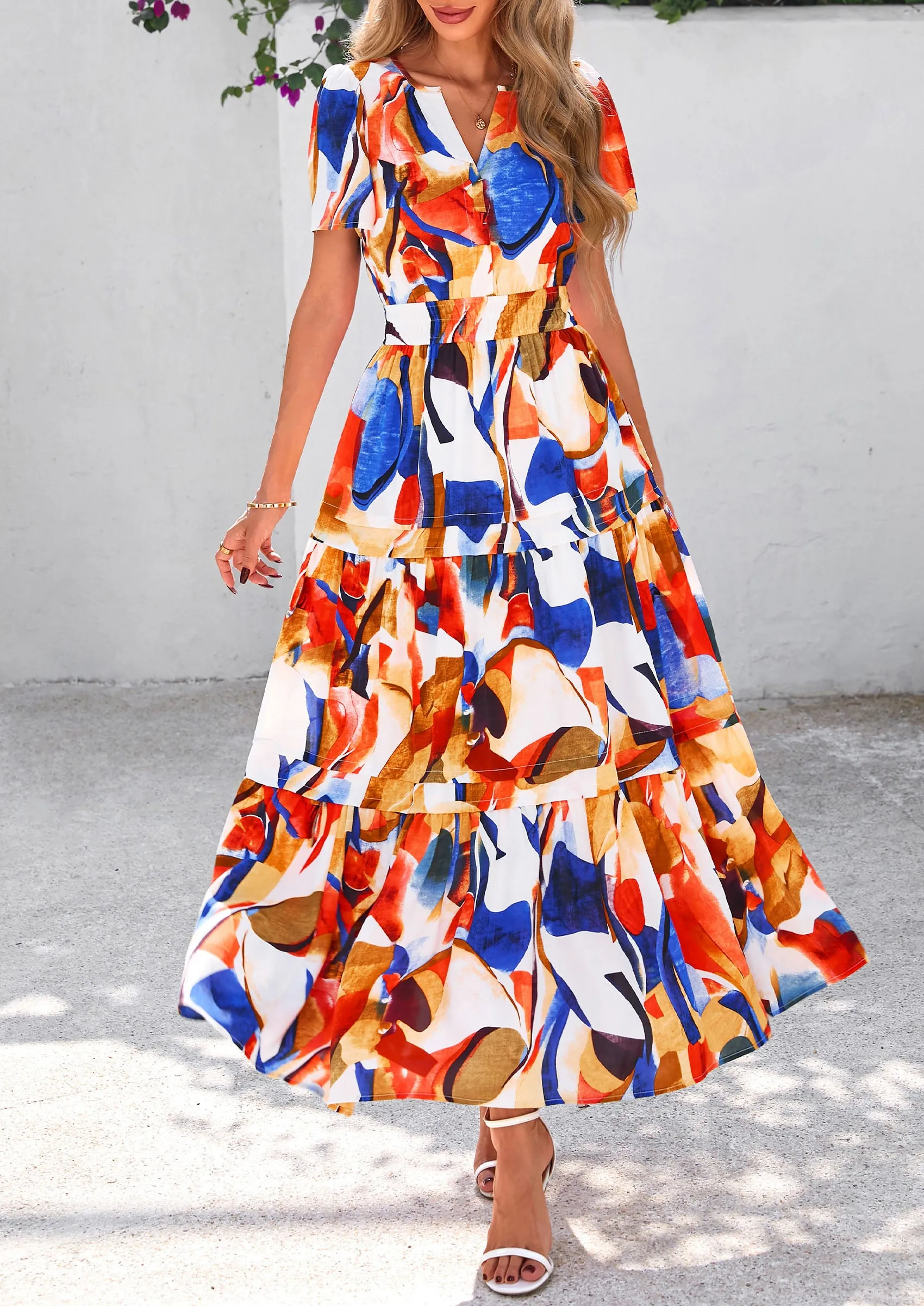 Boho Floral Short Sleeve V Neck A Line Tiered Ruffle Flowy Long Beach Vacation Maxi Dresses