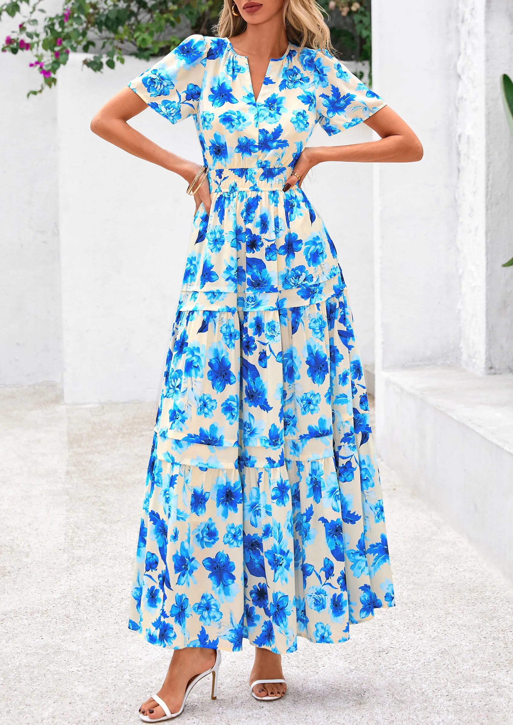 Boho Floral Short Sleeve V Neck A Line Tiered Ruffle Flowy Long Beach Vacation Maxi Dresses