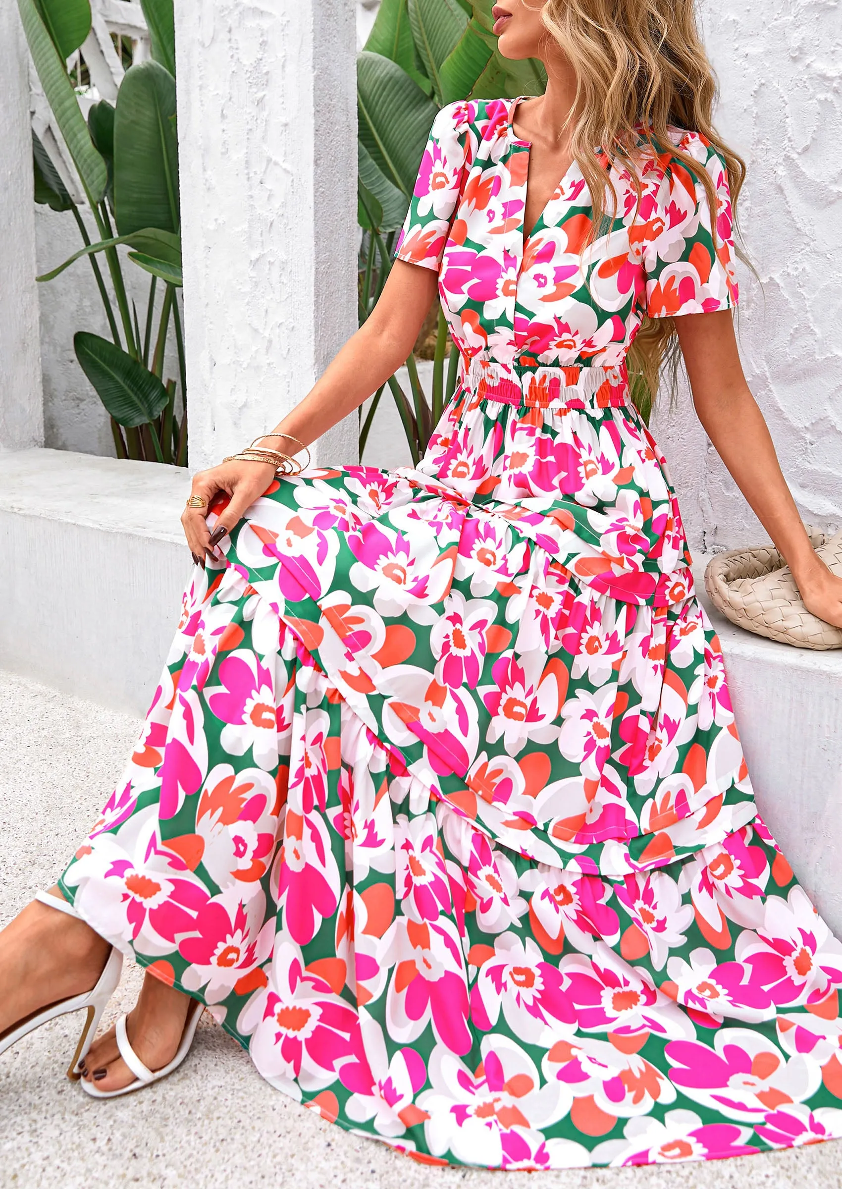 Boho Floral Short Sleeve V Neck A Line Tiered Ruffle Flowy Long Beach Vacation Maxi Dresses