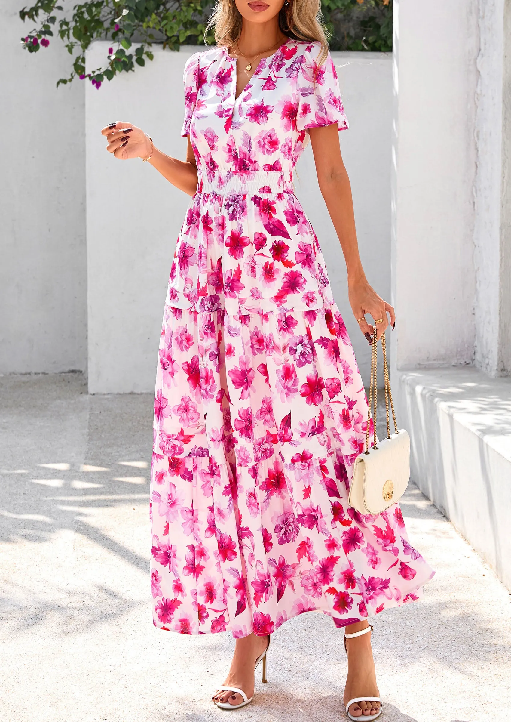 Boho Floral Short Sleeve V Neck A Line Tiered Ruffle Flowy Long Beach Vacation Maxi Dresses