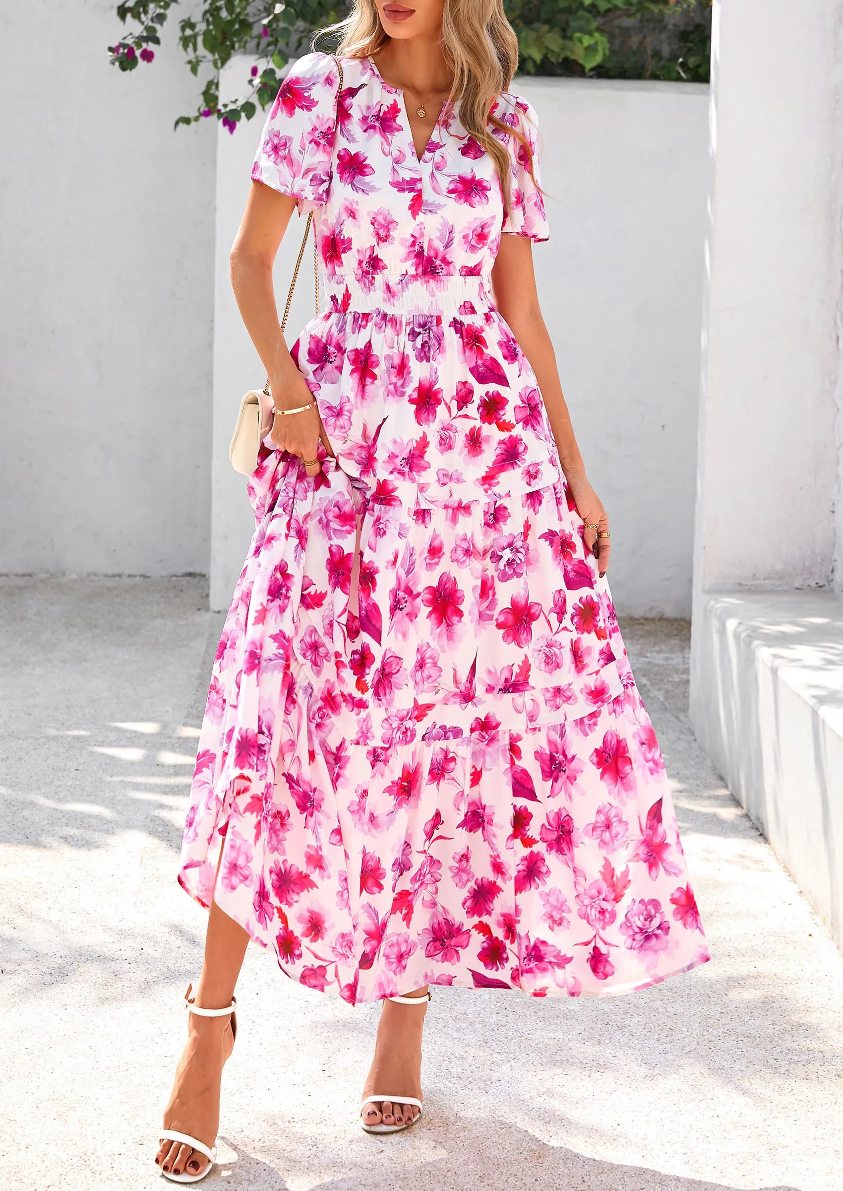 Boho Floral Short Sleeve V Neck A Line Tiered Ruffle Flowy Long Beach Vacation Maxi Dresses
