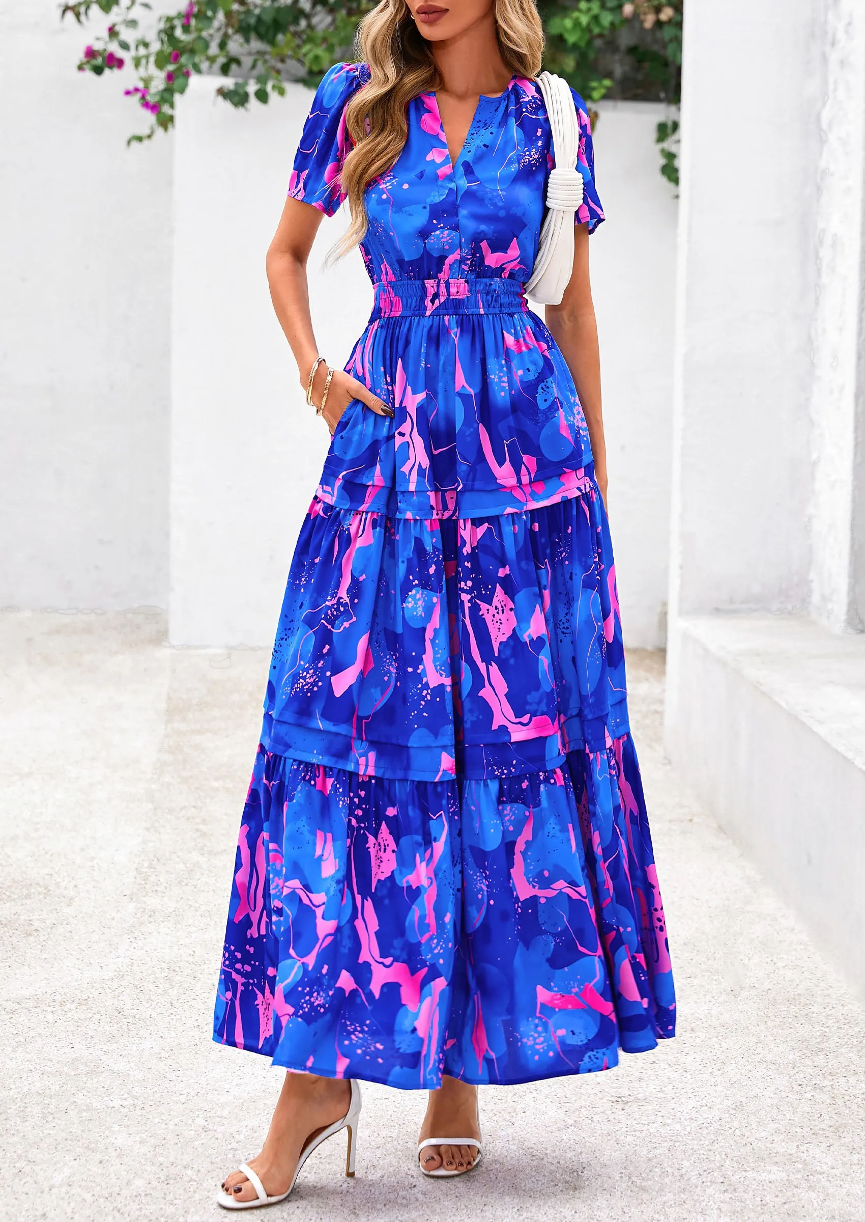 Boho Floral Short Sleeve V Neck A Line Tiered Ruffle Flowy Long Beach Vacation Maxi Dresses