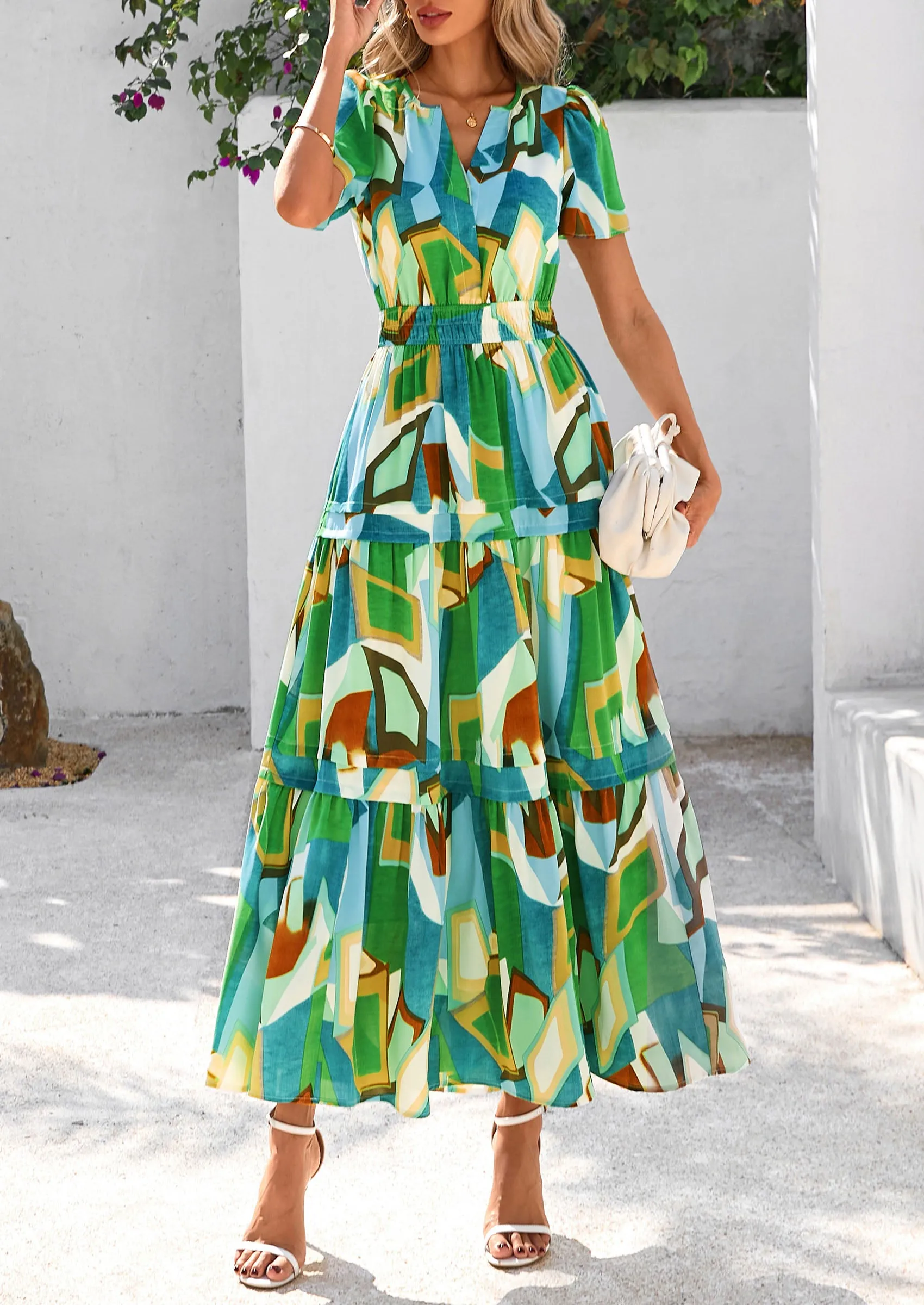Boho Floral Short Sleeve V Neck A Line Tiered Ruffle Flowy Long Beach Vacation Maxi Dresses