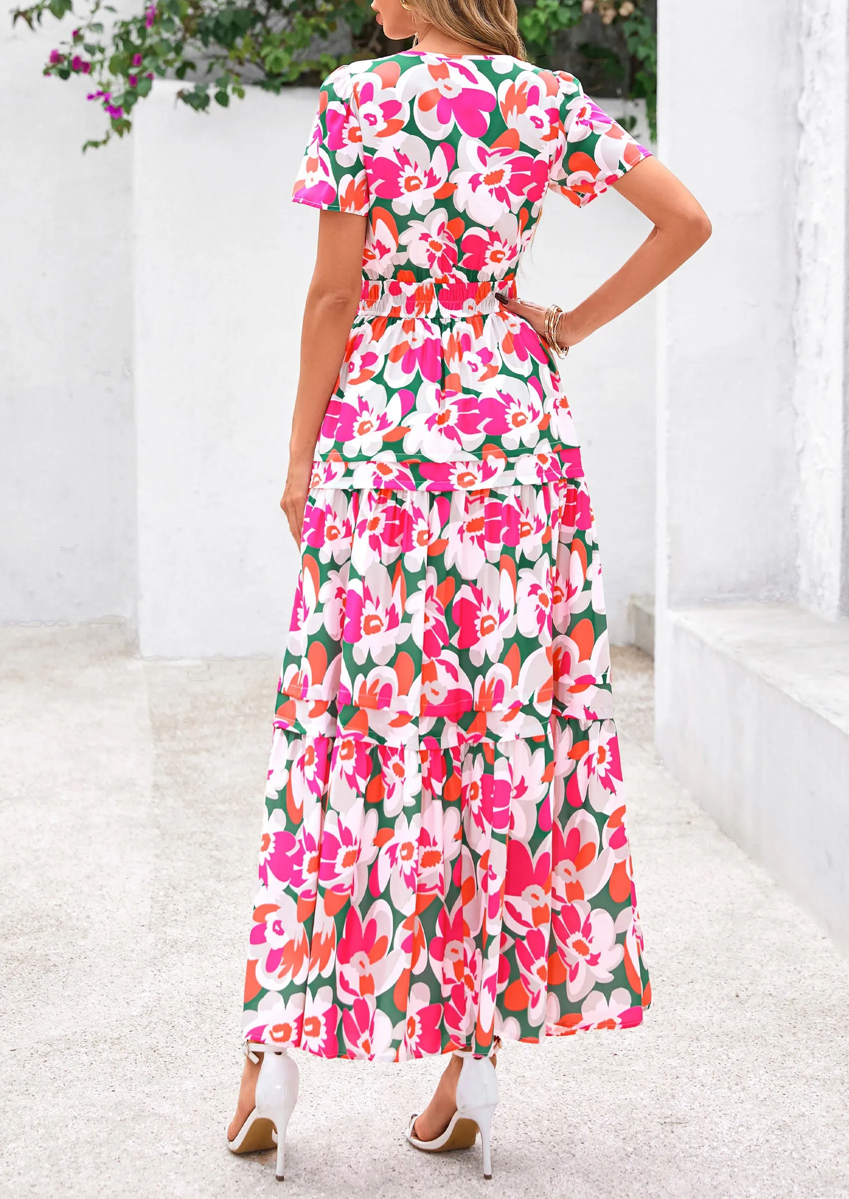 Boho Floral Short Sleeve V Neck A Line Tiered Ruffle Flowy Long Beach Vacation Maxi Dresses