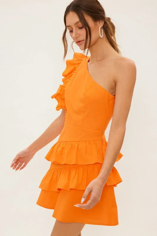 Bright Orange One Shoulder Linen Ruffled Mini Dress