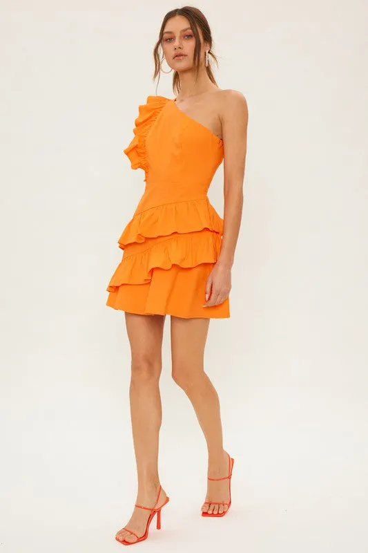 Bright Orange One Shoulder Linen Ruffled Mini Dress