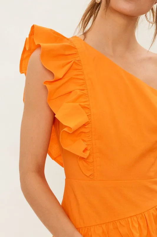 Bright Orange One Shoulder Linen Ruffled Mini Dress