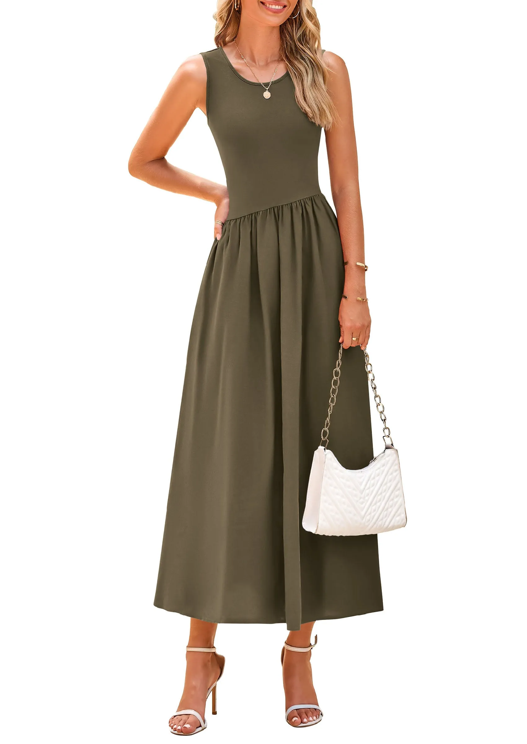 Casual Sleeveless Striped Ribbed Knit Long Dresses Beach Vacation Sundress