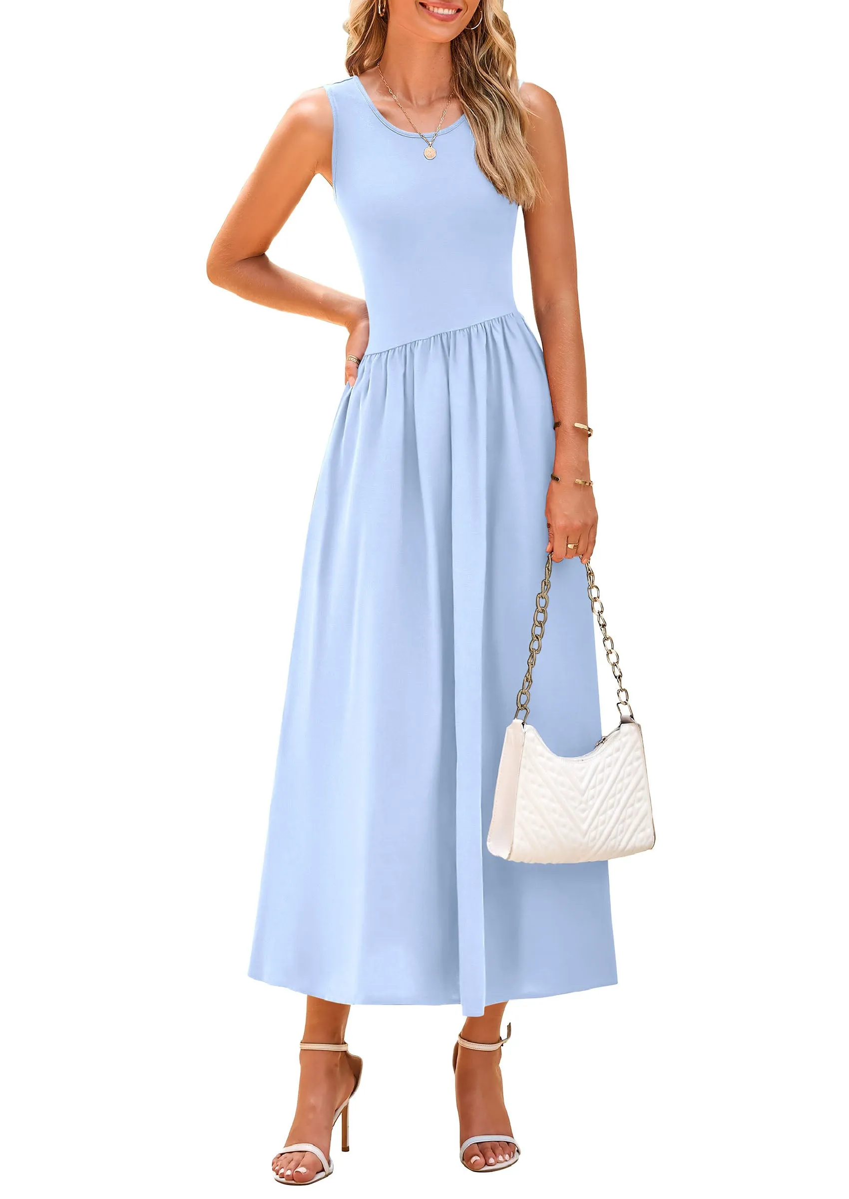 Casual Sleeveless Striped Ribbed Knit Long Dresses Beach Vacation Sundress
