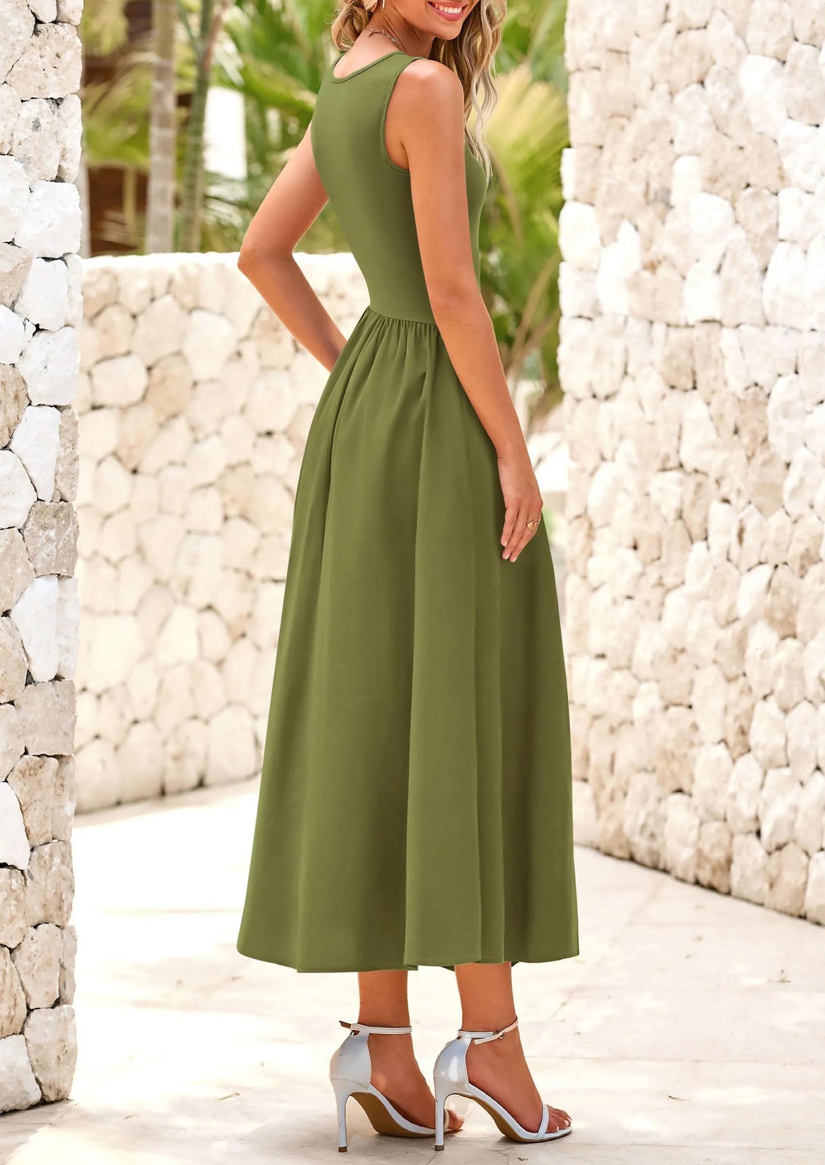 Casual Sleeveless Striped Ribbed Knit Long Dresses Beach Vacation Sundress