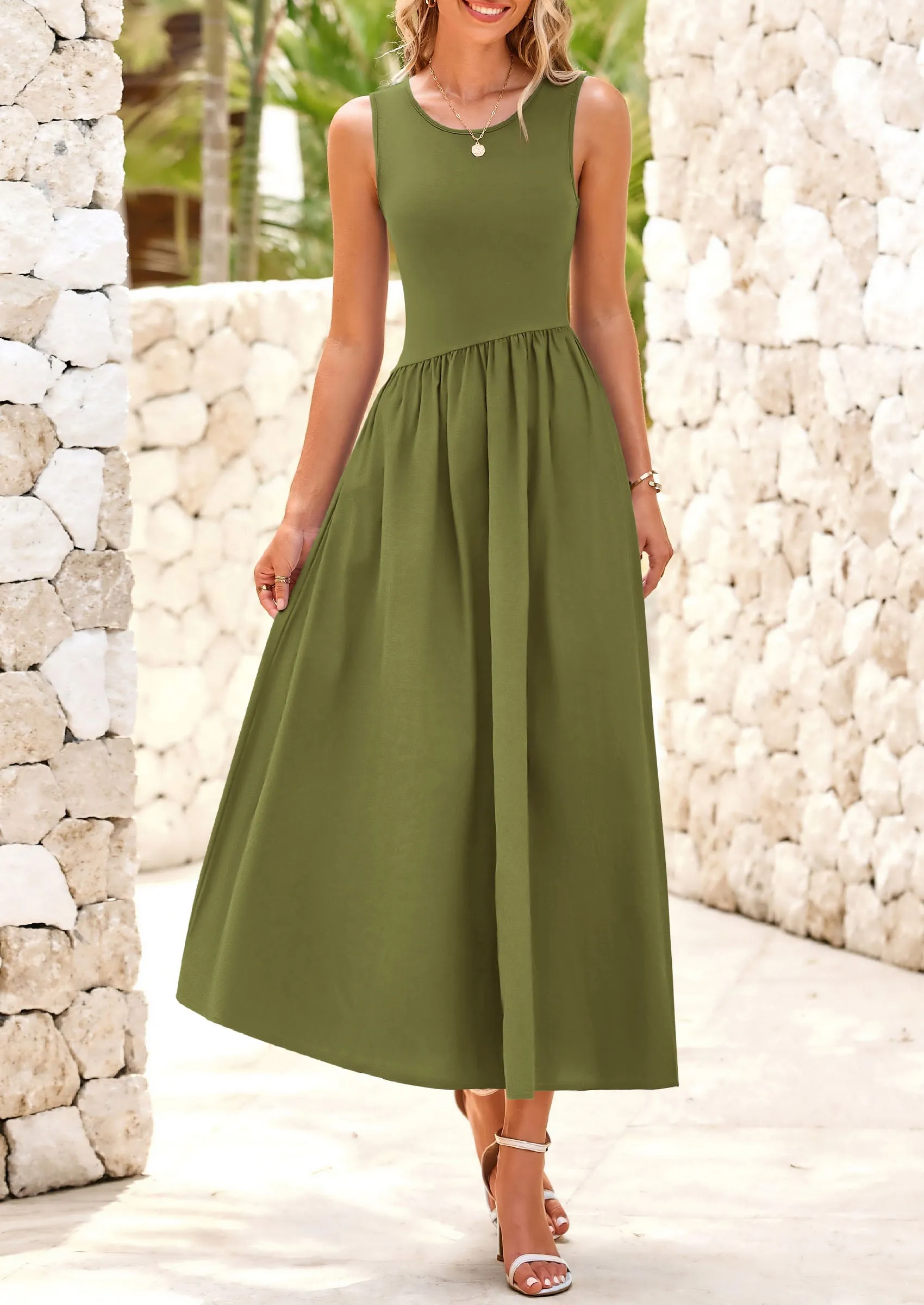 Casual Sleeveless Striped Ribbed Knit Long Dresses Beach Vacation Sundress