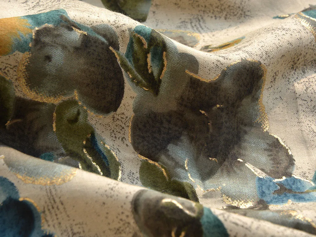 Cream & Blue Floral Premium Modal Chanderi Silk  Fabric
