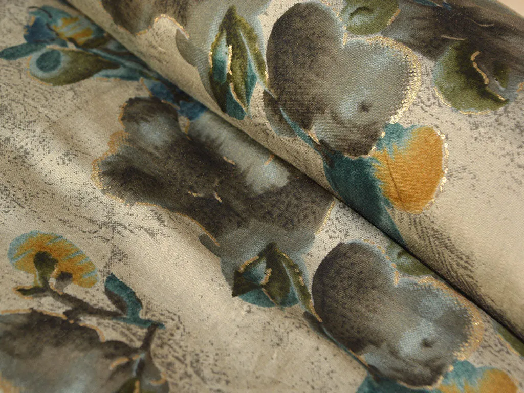 Cream & Blue Floral Premium Modal Chanderi Silk  Fabric