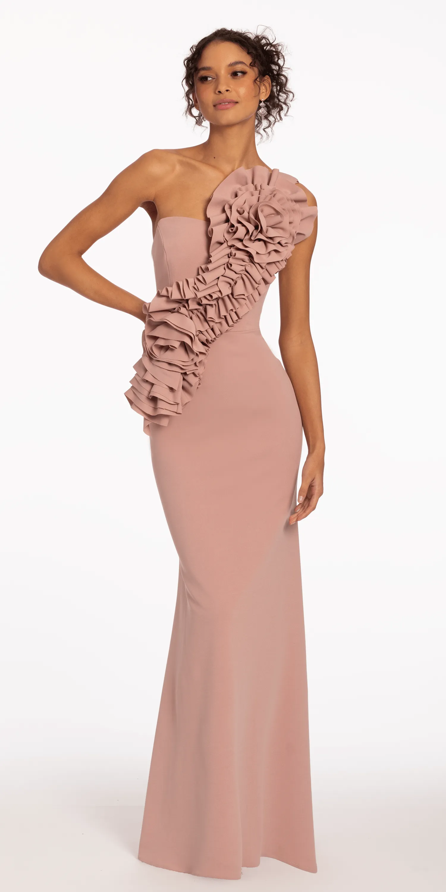 Crepe One Shoulder Column Dress with Origami Rosette Detail