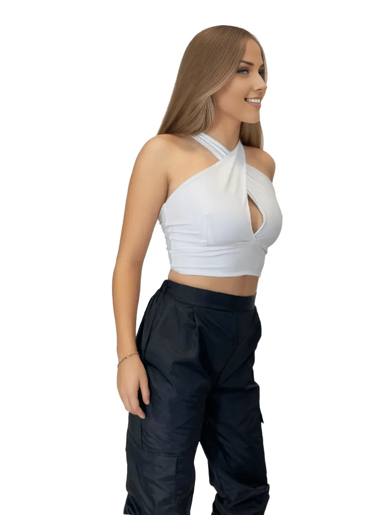 Cross Neck Cut Out Halter Top White