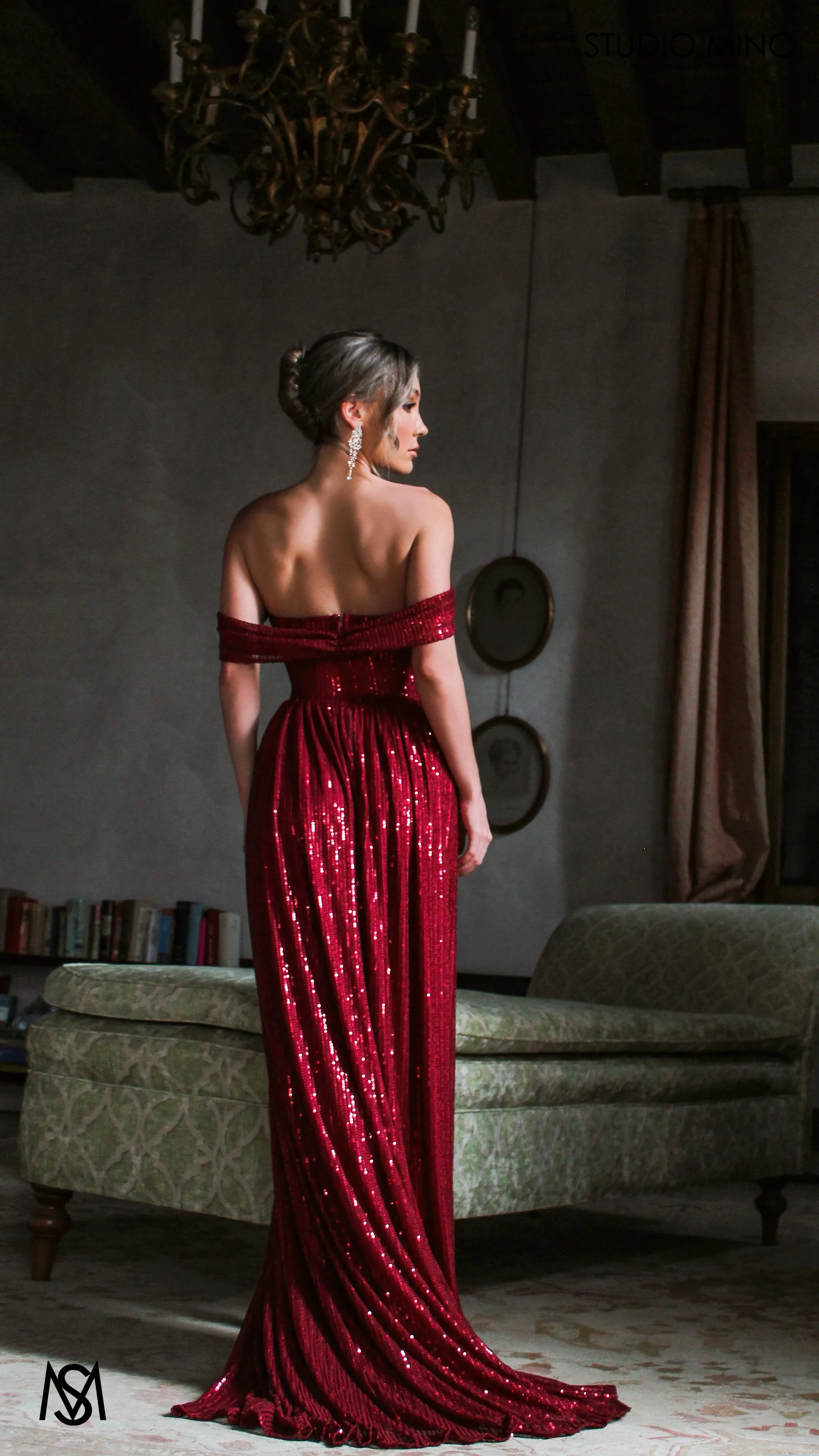 CRUSH - Ruby Red Sequin Formal Dress with Corset & Arm Drapes