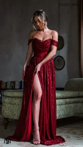 CRUSH - Ruby Red Sequin Formal Dress with Corset & Arm Drapes
