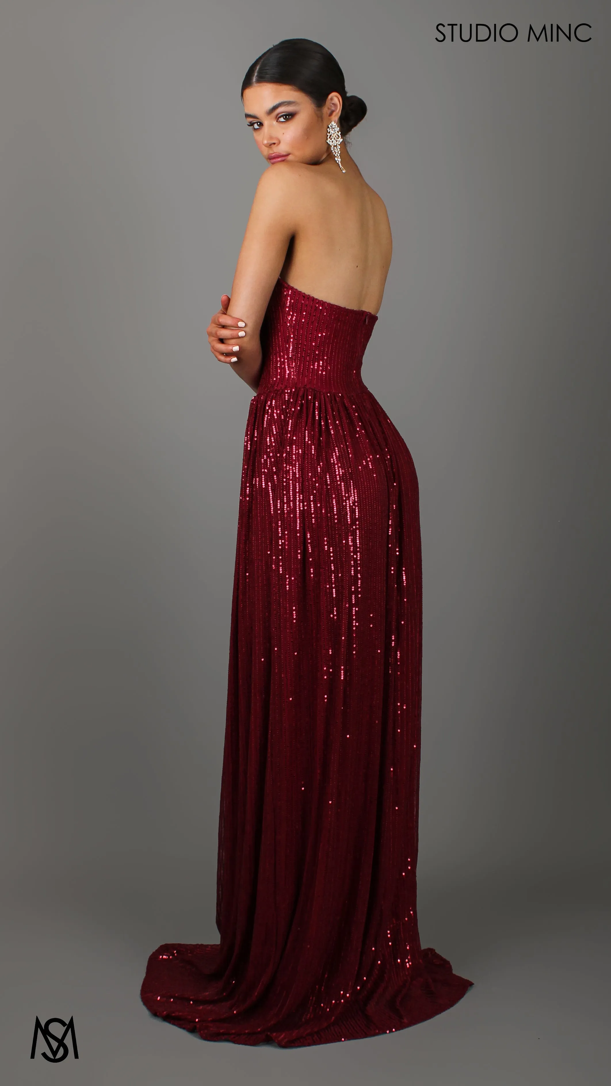 CRUSH - Ruby Red Sequin Formal Dress with Corset & Arm Drapes