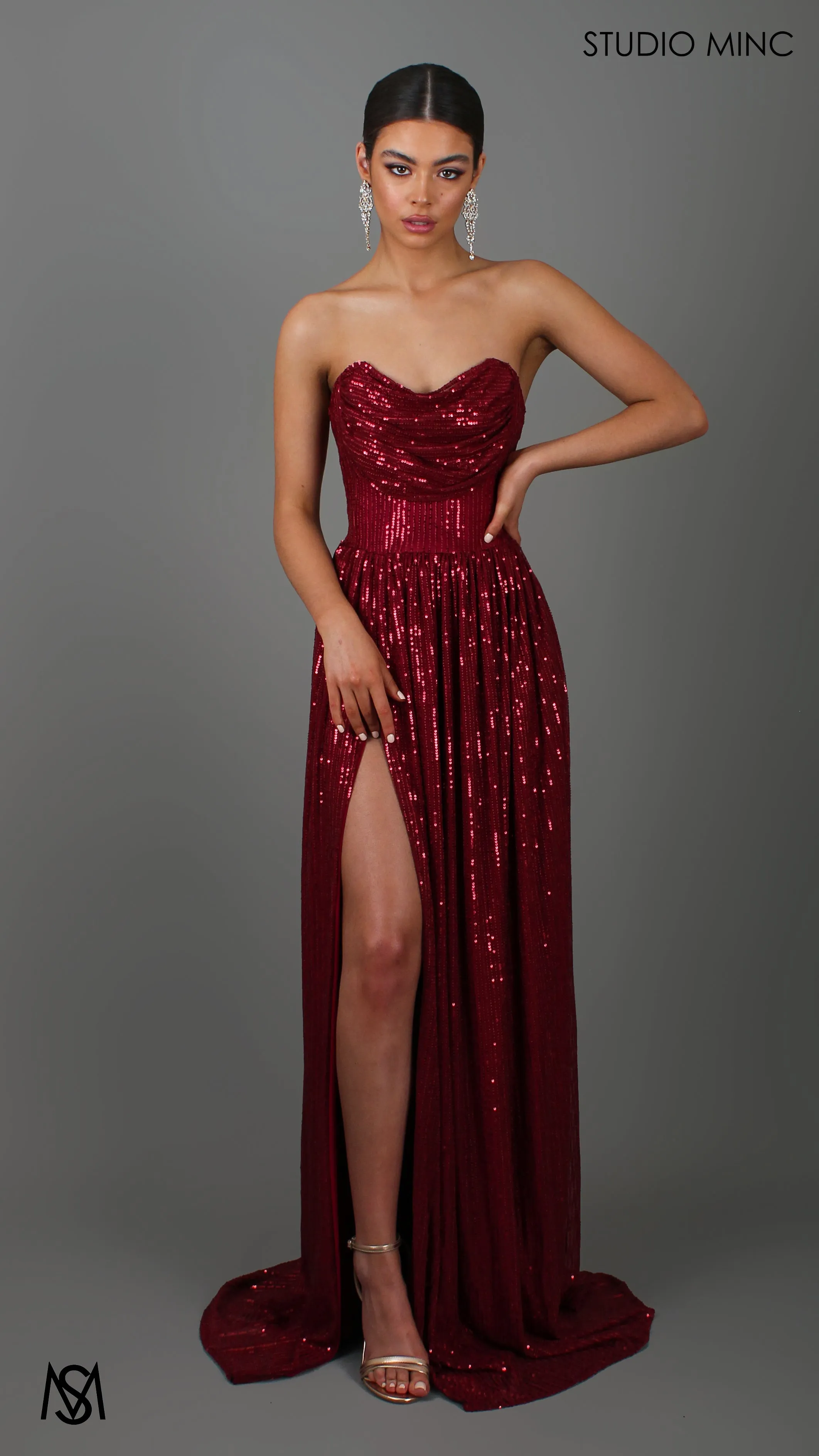 CRUSH - Ruby Red Sequin Formal Dress with Corset & Arm Drapes