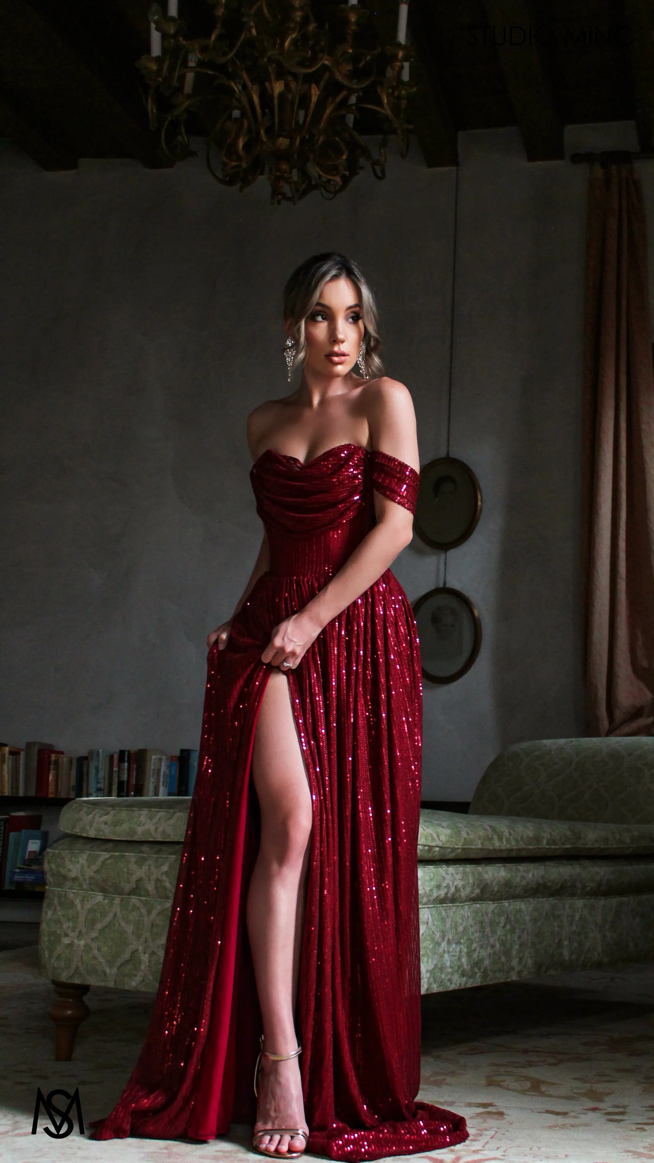 CRUSH - Ruby Red Sequin Formal Dress with Corset & Arm Drapes