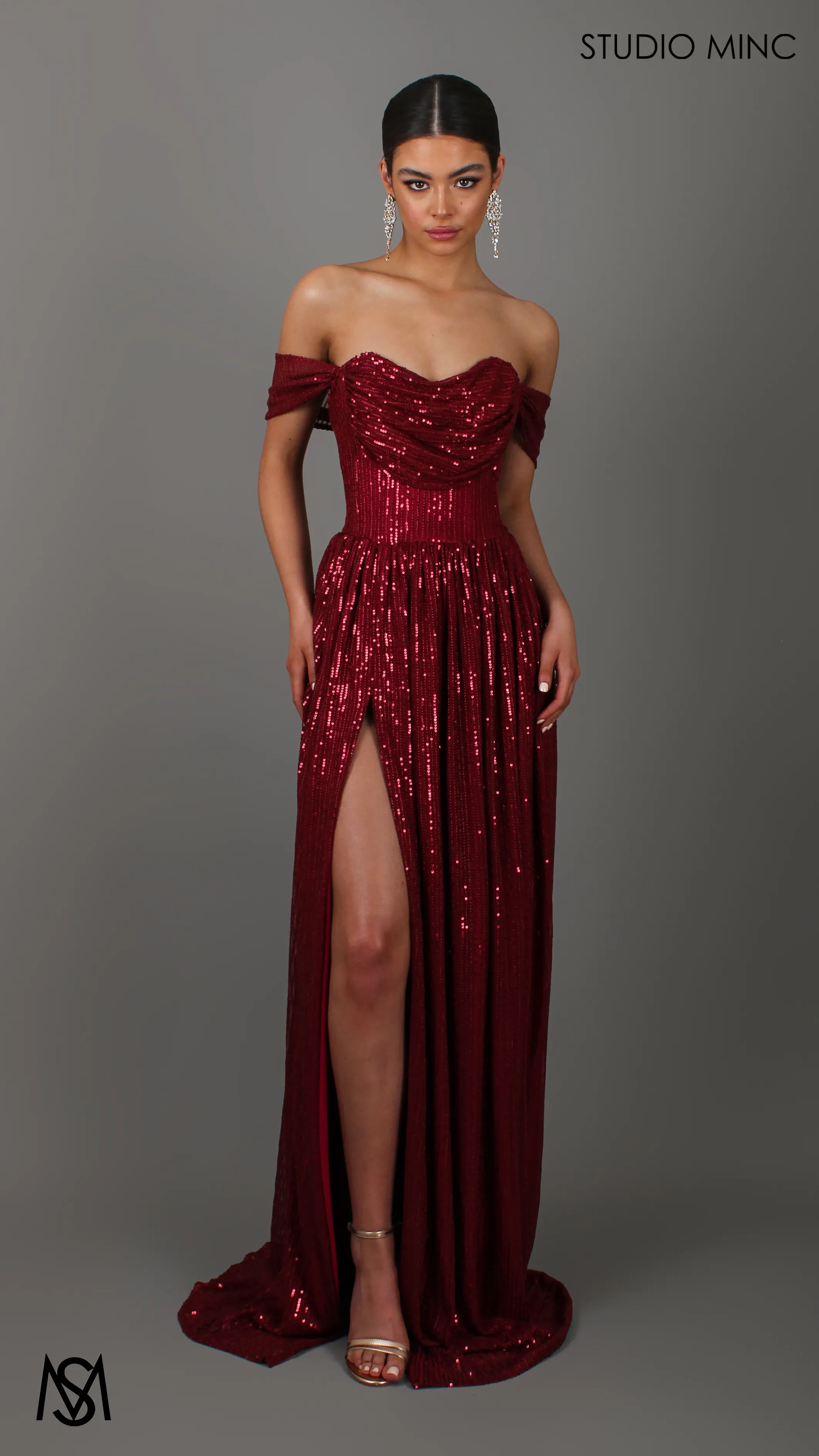 CRUSH - Ruby Red Sequin Formal Dress with Corset & Arm Drapes