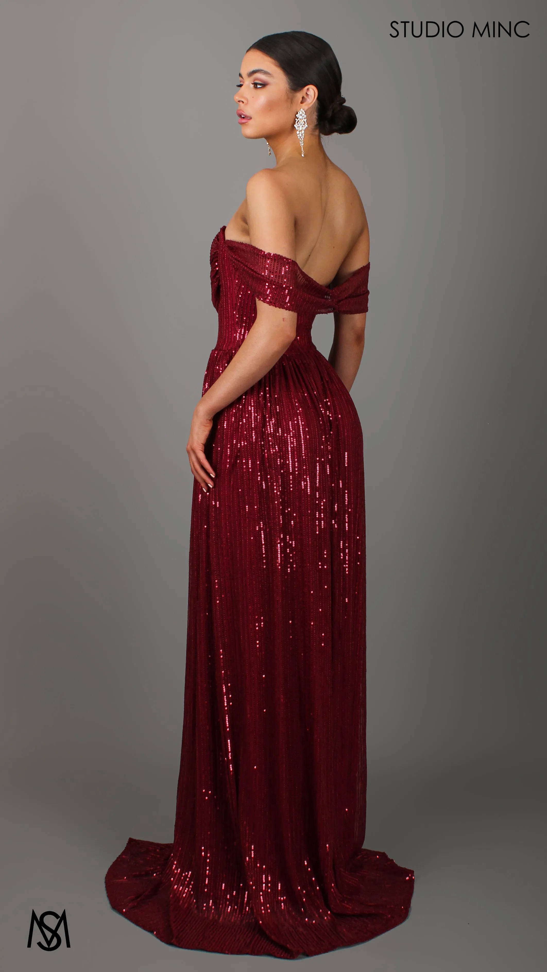 CRUSH - Ruby Red Sequin Formal Dress with Corset & Arm Drapes
