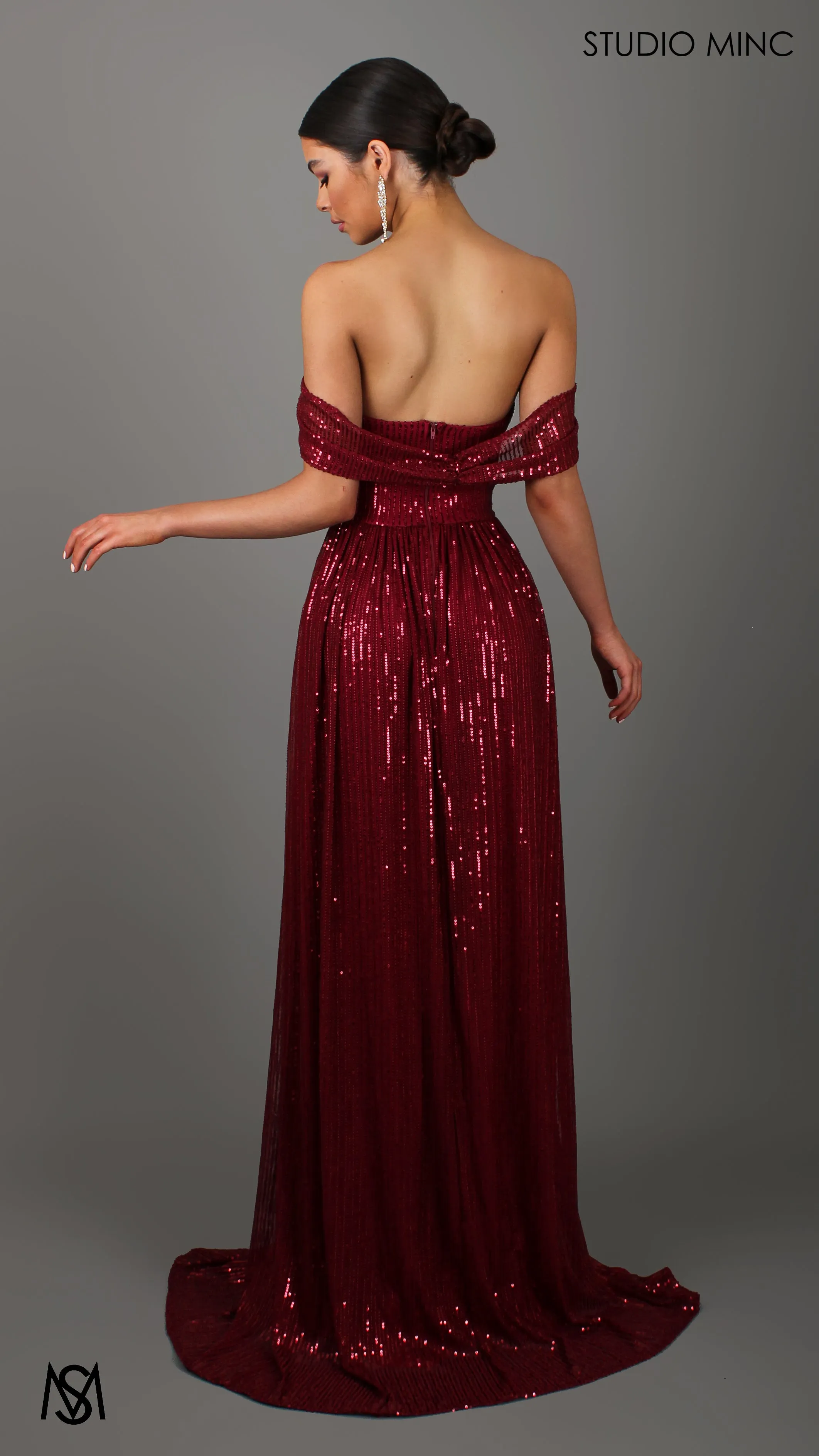 CRUSH - Ruby Red Sequin Formal Dress with Corset & Arm Drapes