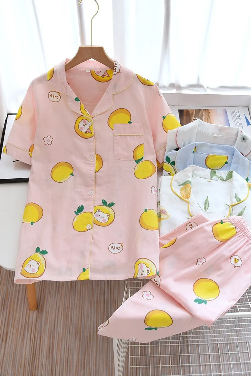 Cute simple 100% cotton gauze short pajamas set