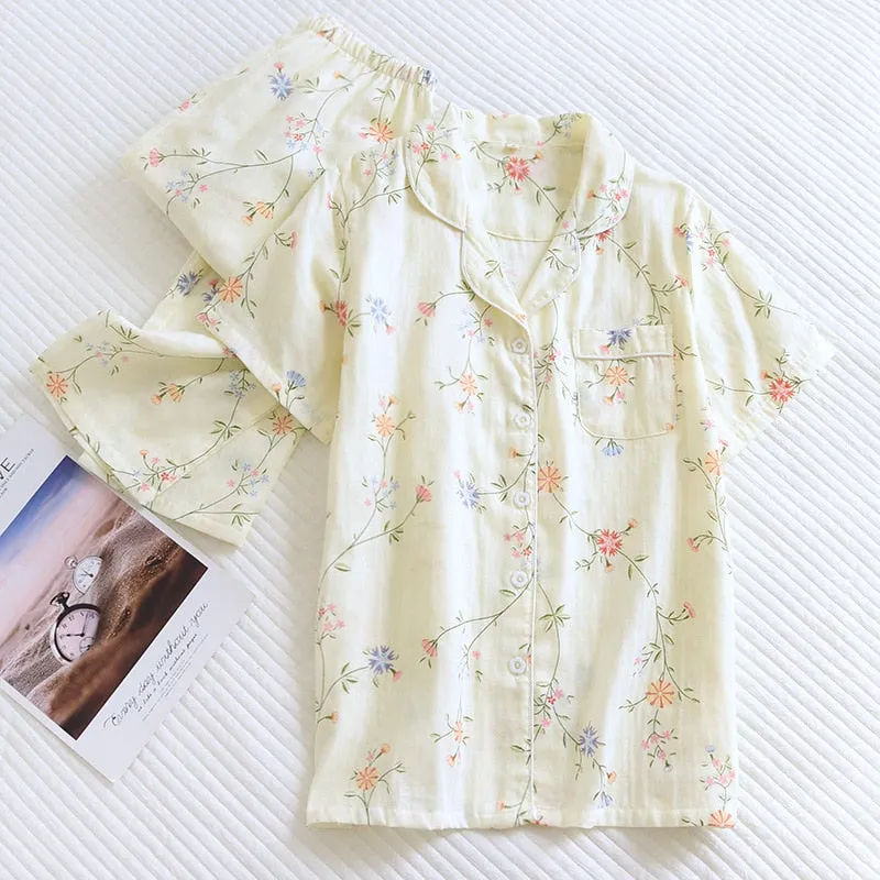 Cute simple 100% cotton gauze short pajamas set