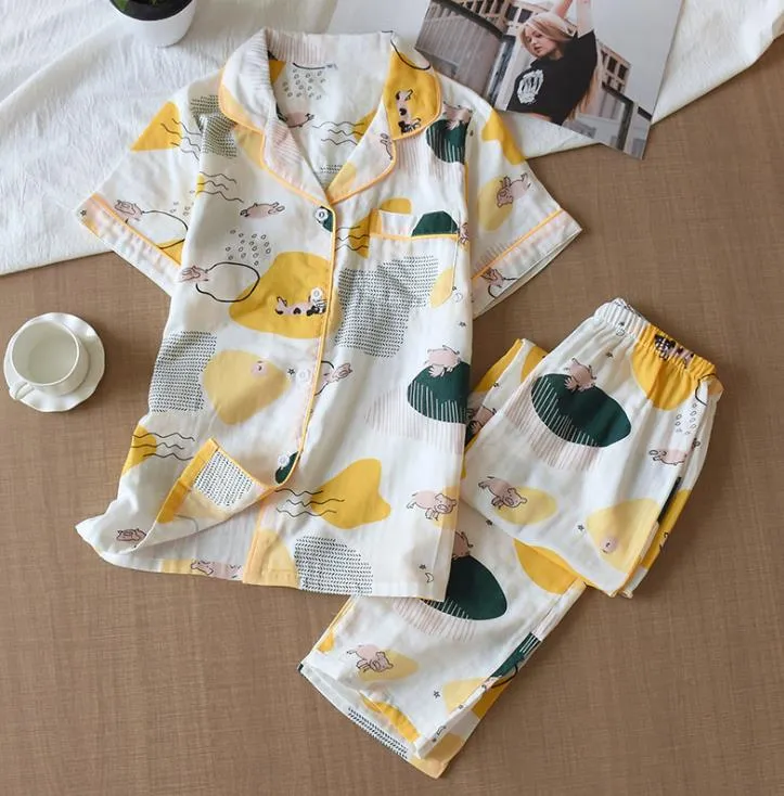 Cute simple 100% cotton gauze short pajamas set