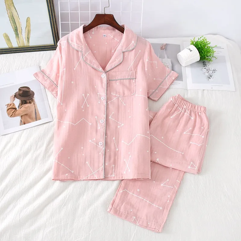 Cute simple 100% cotton gauze short pajamas set