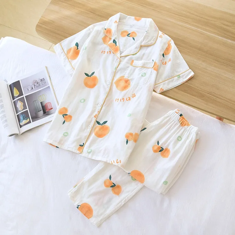 Cute simple 100% cotton gauze short pajamas set
